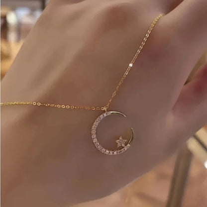 Shiny Star Moon Pendant Necklace, Women's Sparkling Exquisite Clavicle Chain, Unique Design Luxury Jewelry Gift for Girlfriend