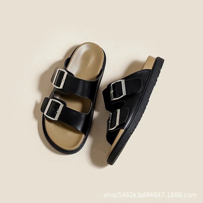 Thick Heel Sandals Women's Belt Buckle New French Style Outdoor Spring Summer Fashion Casual Korean Version Beach Slippers