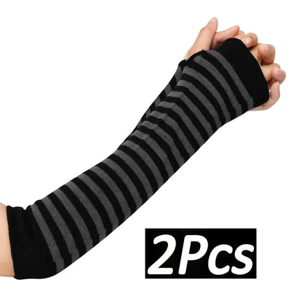 1 Pair Women Arm Warmer Fingerless Long Gloves Knitted Striped Warm Mittens Protection Arm Warmer Half Finger Sleeves