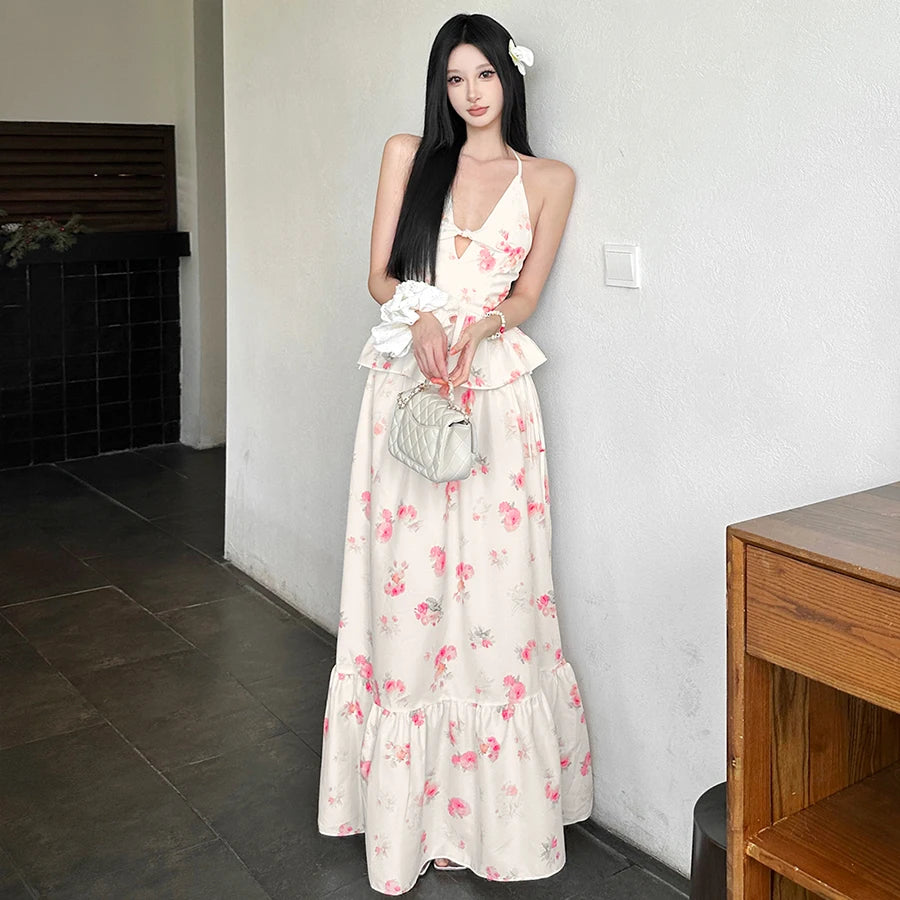 SylCue Flower Print 2 Piece Set Woman Halter Low-Neck Bow Decoration Tank Tops+Ruffles Long Skirts Beach Style Elegant Outfits