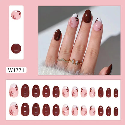 Caramel Flower 24 Pcs Press on Nails Pink Gradient Fake Nails Glossy Artificial Finger Manicure Reusable False Nails for Women