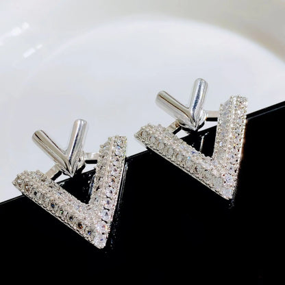 925 Silver Needle Korean Fashion Double V Crystal Earrings For Women Jewelry 2026 Trending Luxury Women's Earrings Behind Ear
