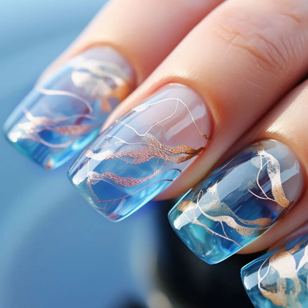24pcs Golden Stripe Press on Nails Shiny Powder Love Design Long Square False Nails Wearable Full Cover Nail Tips Blue Fake Nail