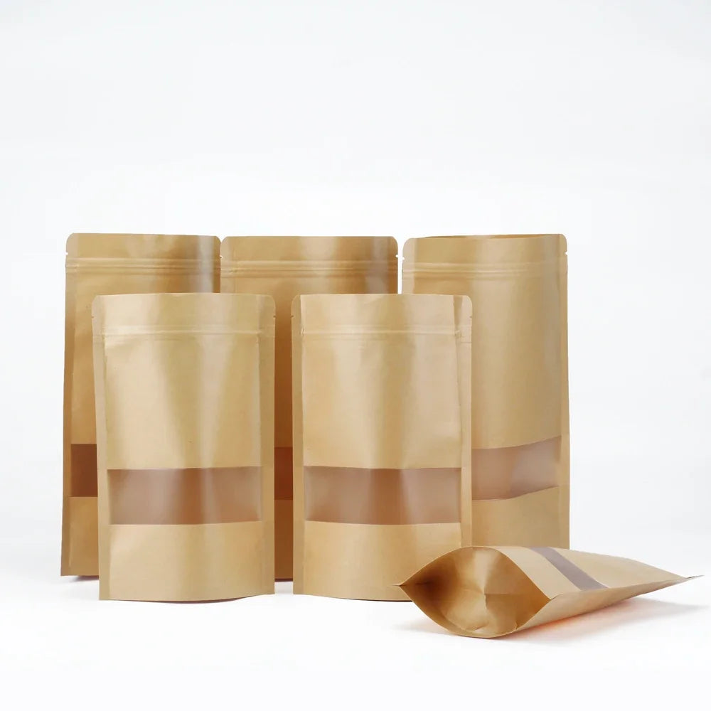 20/50pcs Kraft Paper Zip Lock Bags with Clear Window Reusable Packing Stand Up Gift Dried Food Fruit Tea Self Sealing Pouches