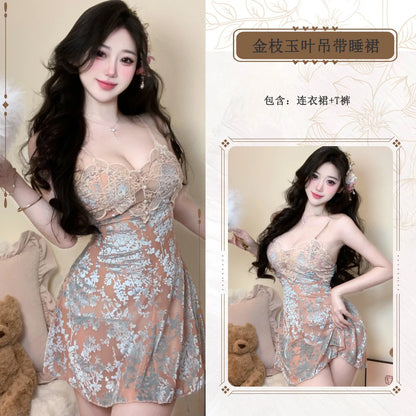 Luxury Camisole Nightgown Summer Women's Style Flower French Chest Cushion Pure Desire Lace Sexy Pajamas Dress Elegant ERQ8
