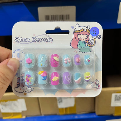 12pcs Cute Kids Dress-Up Fake Nail Girls Press on Nails Princess Pretend Play Toy Nail Tips Self-adhesive Children False Nails *