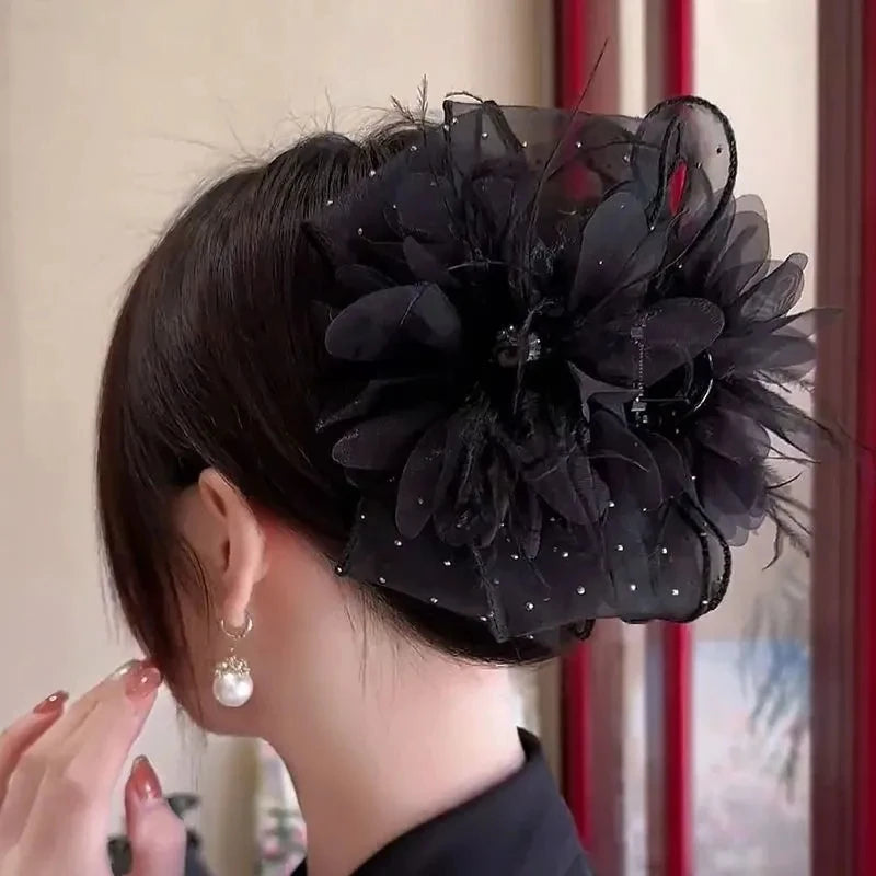 New Mesh Lace Black Feather Ribbon Bow Hair Claws Hairpin Big Bowknot Ponytail Holder Hair Clips Pin Hair Accessories for Women