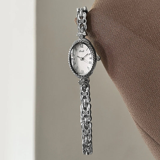 2025 NEW Vintage Silver Women's Watches GEDI Roman Numeral Display Oval Dial Woman's Quartz Wristwatch Clock Gift Accessories