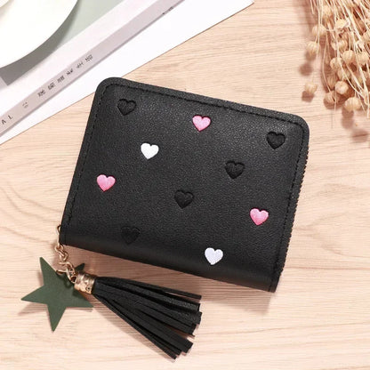 New Long Short Wallet Women's Fashion Credit Card Bag Purse Zipper Handbag Embroidered Heart Mobile Phone Money Coin Bag Case