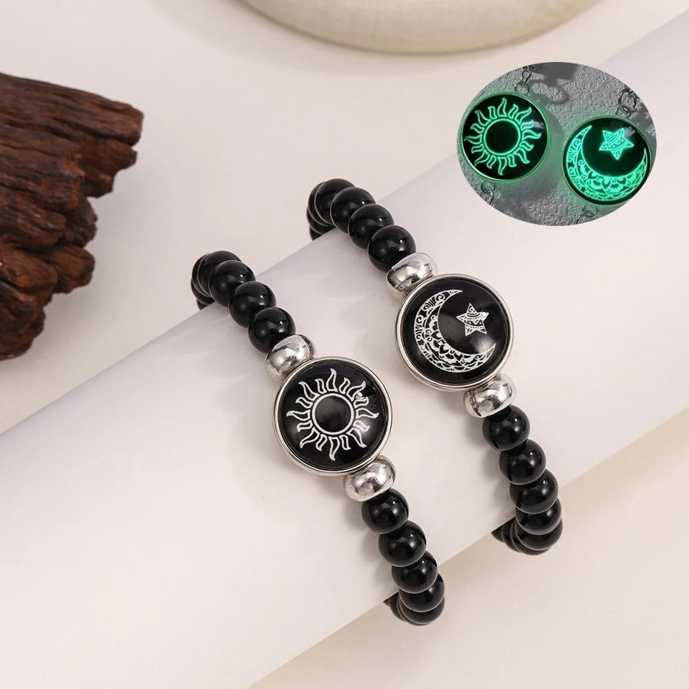 2 PCS/Set PU Leather Couple Bracelet For Women Lover Luminous Sun Moon Rope Charm Wristband Friendship Lover Party Jewelry Gifts