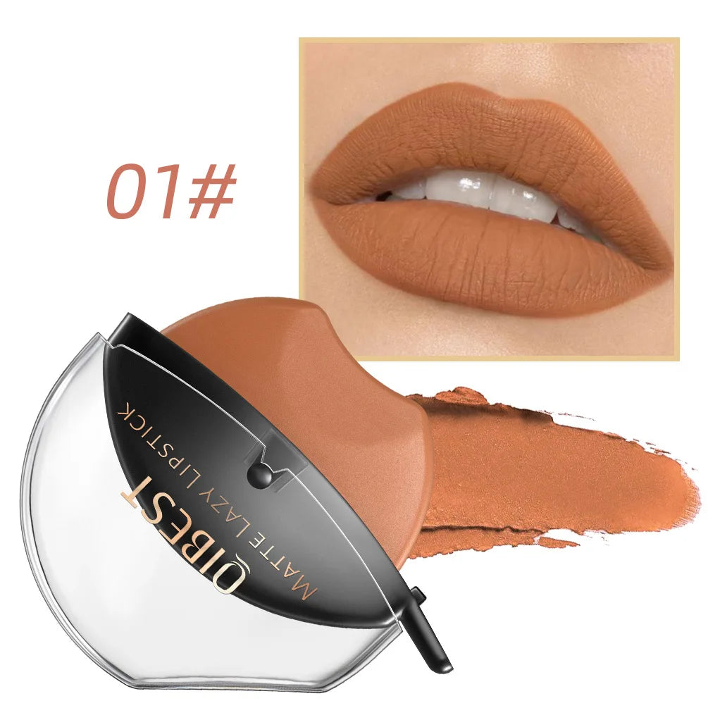 QIBEST Lip-shaped Lipstick Makeup Lazy Lipstick Velvet Matte Moisturizing Lip Gloss Waterproof Non-stick Cup Long Lasting Makeup