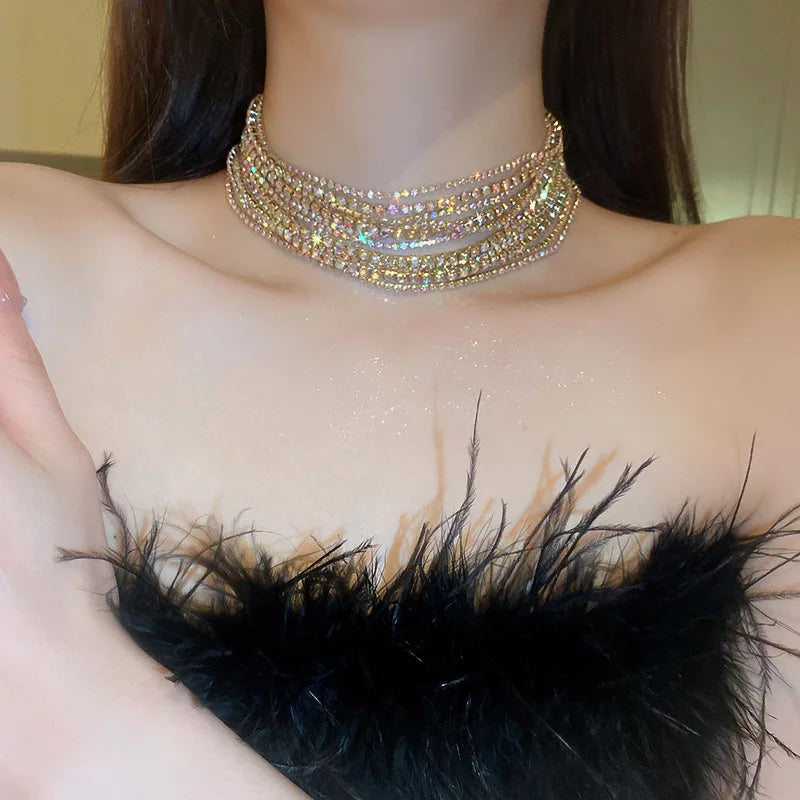 Luxury Colorful Crystal Chokers Necklaces for Women Multilayer Gold Color Chain Rhinestone Necklaces Statements Jewelry