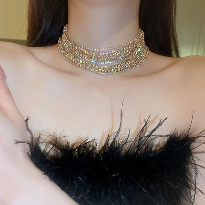 Luxury Colorful Crystal Chokers Necklaces for Women Multilayer Gold Color Chain Rhinestone Necklaces Statements Jewelry