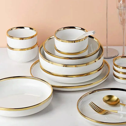 Ceramic Plates Bowls Gilt Rim White Porcelain Dinner Tray Kitchen Plates Ceramic Tableware Food Dishes Rice Salad Noodles Bowl