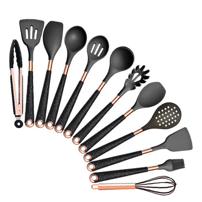 Silicone Cooking Utensils Set Non-Scratch Non-Stick Heat Resistant Spatula Spoon Rose Gold Handle With Bucket Kitchen Gift
