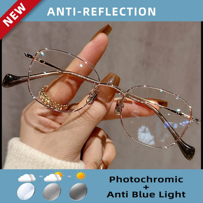 EYORA Ultralight Luxury Alloy Small Frame Reading Glasses Anti Blue Light Myopia and Hyperopia Photochromic Prescription Eyewear
