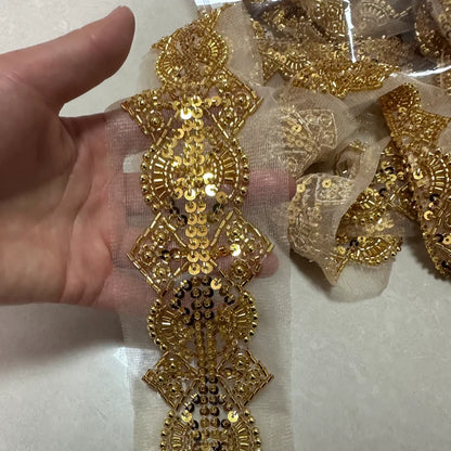 90cm Pearl Beaded Lace Trim Ribbon Garment Decoration Applique Trimming Gold Sequin Tape DIY Sewing Fabric Material Accessories