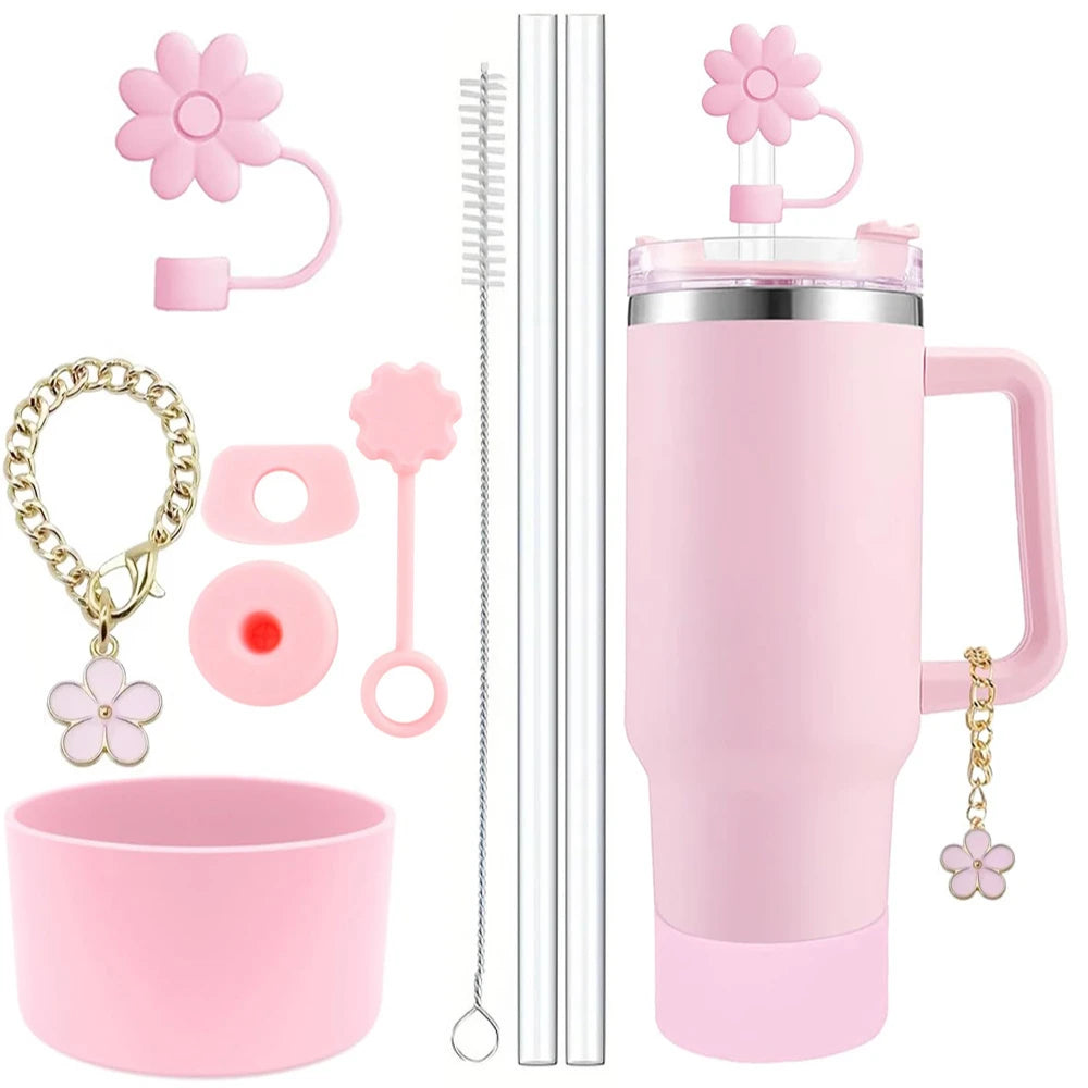 Cup Accessories for Stanley Cup Set of 9 Straw and Brush and 1 Flower Charm Chain 3 Spill Proof Stopper Flowers Straw Cover Boot
