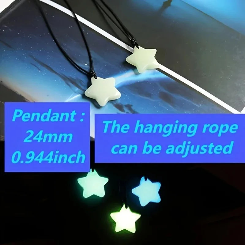 Glow-in-the-Dark Star Lucky Jade Pendant Necklace Set Adjustable Rope Sporty/Cute Style for Outdoor Adventures & Music Festivals