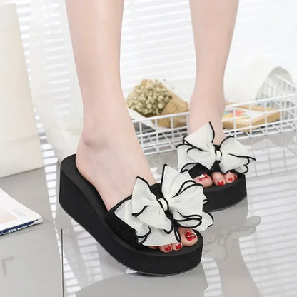 Women Bow Summer Sandals Slipper Indoor Outdoor Beach Shoes Summer Women's Shoes Flip Flops on The Platform