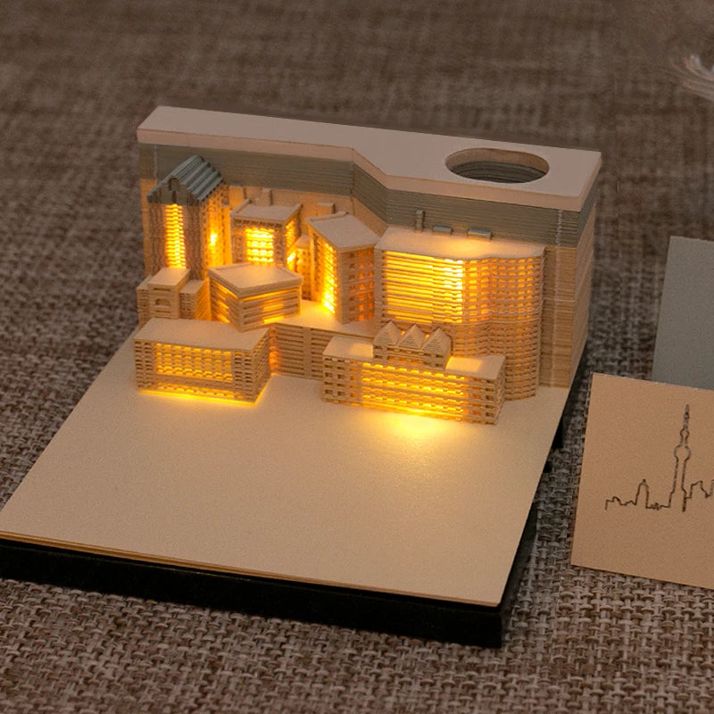 Omoshiroi Block 3D Notepad Cubes 160Sheets Diy House 3D Memo Pad Led Light Sticky Notes Paper Notes Stationery Christmas Gifts
