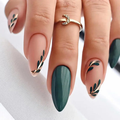 Fresh Green Tea 24 Pcs Fake Nail with Jelly sticker Press on False Nails Wearable Round Head Oval Full Cover Nail Tips
