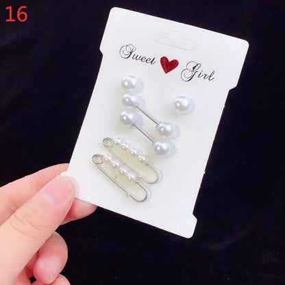 6pc Pearl Brooches Set Waist Buckle Cardigan Jeans Button Brooch Pins Women Sweater Coat Anti Fall Pearls Clothes Pin Decoration