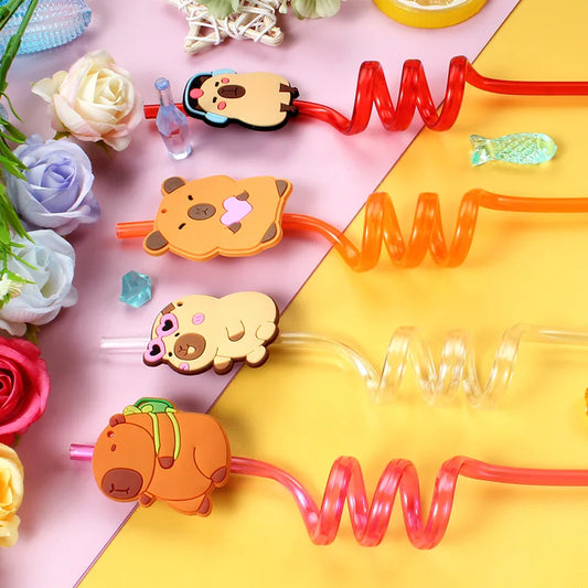 12pcs Cartoon Capybara Reusable Straws Durable PET Plastic,  Fun Animal Designs for Kids Parties, Birthdays, Home Decor Supplies