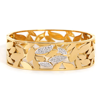 Greatera Irregular Hollow Leaf Flower Decoration Stainless Steel Opens Bracelet For Women Men Cubic Zircon Filled Luxury Bangle