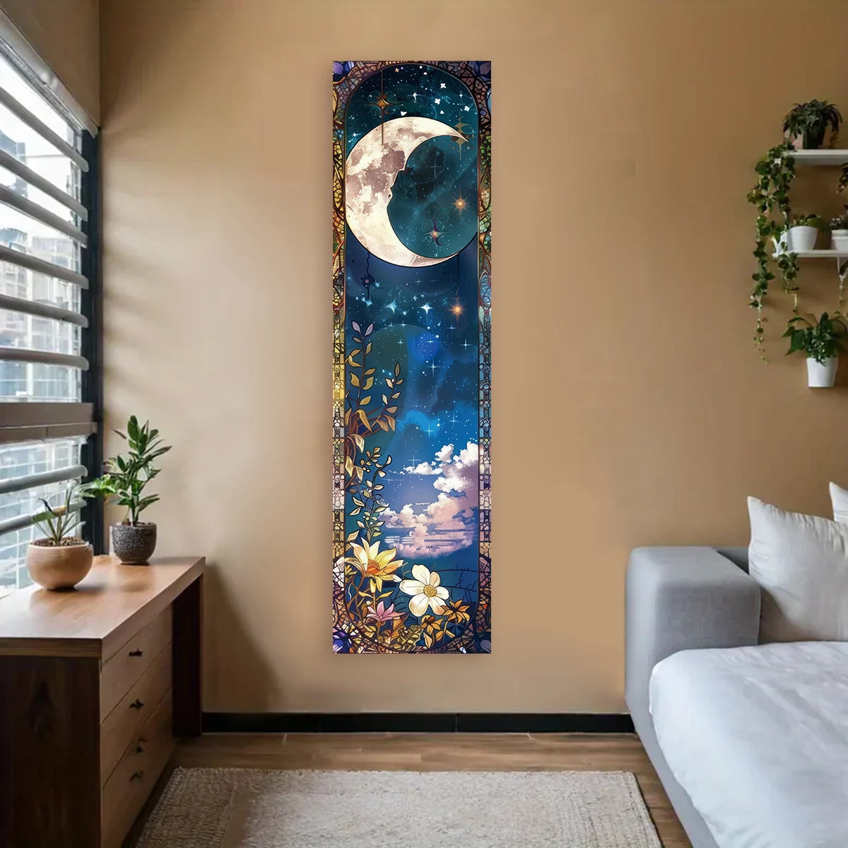 Landscape Vertical Banner Sun And Moon Tapestry Tree of Life Floral Starry Night Wall Decoration Aesthetic Tapestry Home Decor
