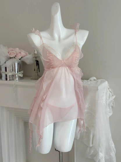 Pure Desire Butterfly Strap Lace Nightgown Breathable Mesh Sleepwear Sweet Tulle Date Night Sleep Suit Comfortable V-neck Sho...