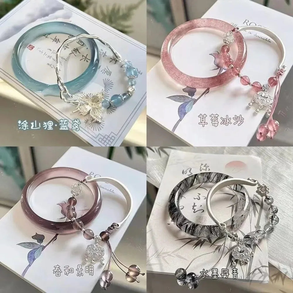 2pcs set Chinese Style Temperament Sliver Color Butterfly Safety Lock Tassel Splice Bracelet Bangles for Women Charm Jewelry