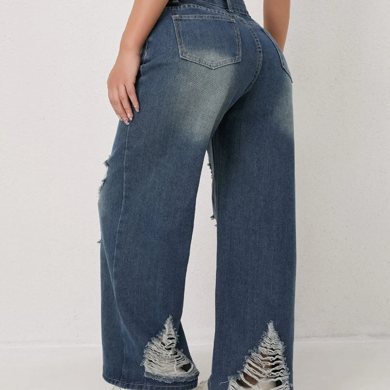 Autumn and Winter Trendy High-waisted Ripped Loose Wide-leg Straight-leg Jeans for Women Casual Fashionable and Versatile