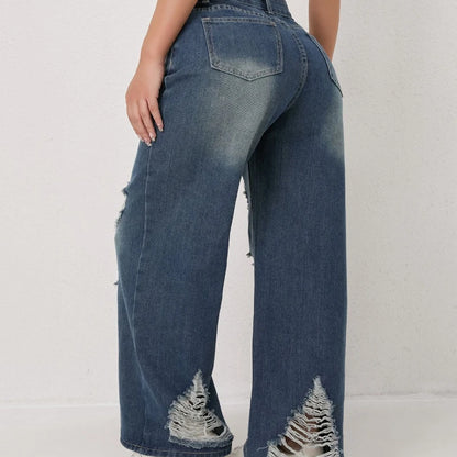 Autumn and Winter Trendy High-waisted Ripped Loose Wide-leg Straight-leg Jeans for Women Casual Fashionable and Versatile