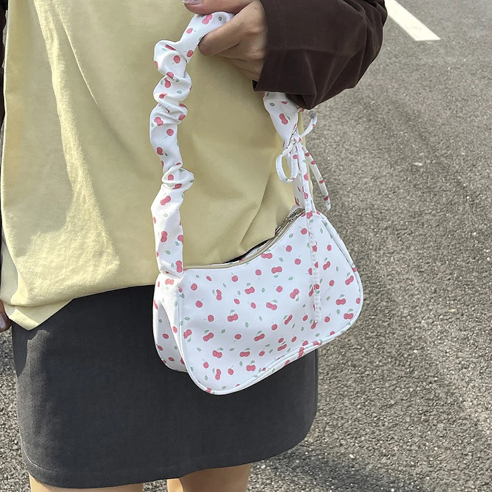 Women Small Underarm Bag Y2K Sweet Printed Zipper Tote Pleated Strap Handbag Half Moon Design Versatile Ladies Shoulder Bags