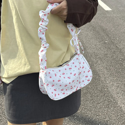 Women Small Underarm Bag Y2K Sweet Printed Zipper Tote Pleated Strap Handbag Half Moon Design Versatile Ladies Shoulder Bags