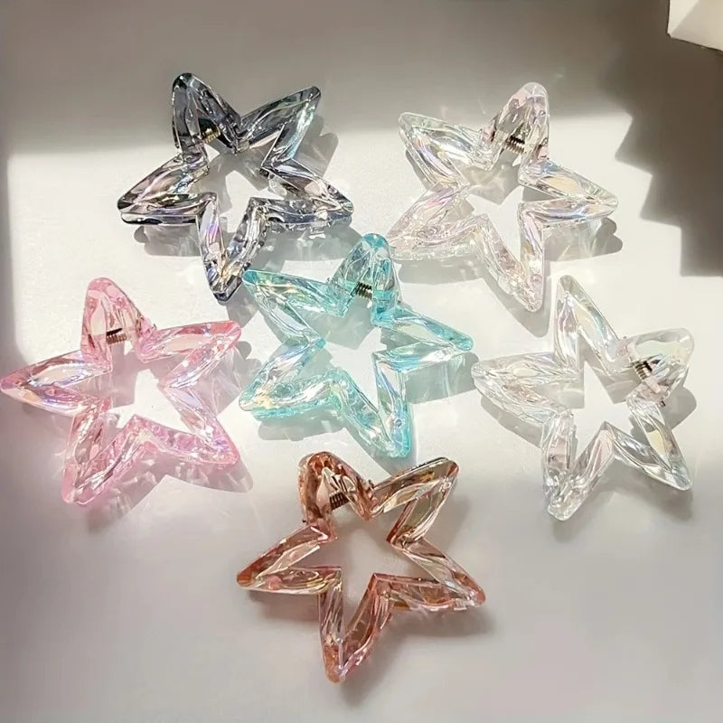 Colorful Hollow Five-Pointed Star Shark Clip Simple Transparent Hairpin Sweet Temperament Girls Hairpin Hair Accessories