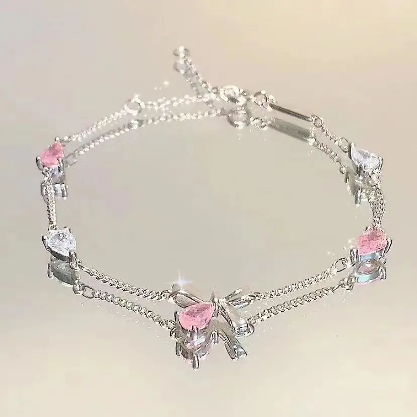 Korean Elegant Cherry Blossom Bow Zircon Bracelet For Women Y2K Sweet Girls Crystal Flowers Bracelets Wedding Party Jewelry Gift