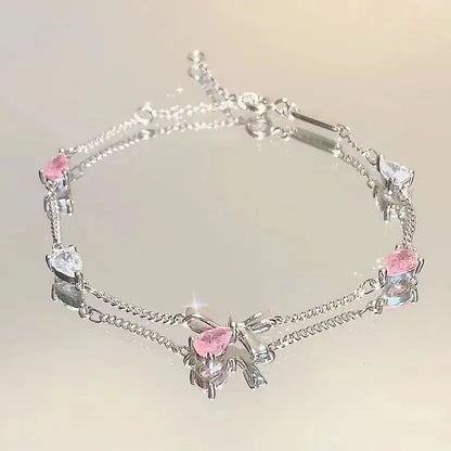 Korean Elegant Cherry Blossom Bow Zircon Bracelet For Women Y2K Sweet Girls Crystal Flowers Bracelets Wedding Party Jewelry Gift