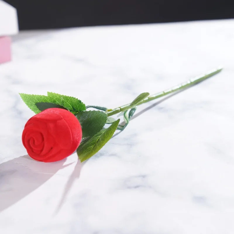 Flocked Artificial Rose Flower Ring Box Red Velvet Jewelry Box Earring Display Holder Wedding Valentine's Day Gift Storage Case