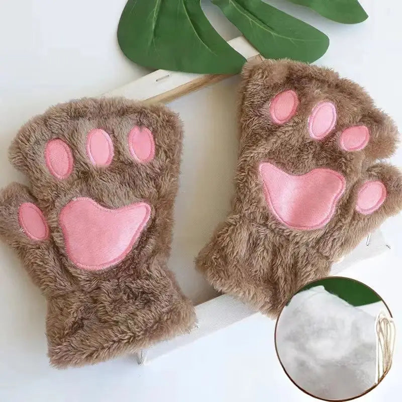 Cute Fashion Cat Paw Fingerless Gloves with Hanging Rope Soft Cold Proof Thickened Plush Gloves Suitable for Cycling and Writing