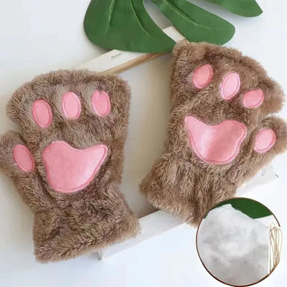 Cute Fashion Cat Paw Fingerless Gloves with Hanging Rope Soft Cold Proof Thickened Plush Gloves Suitable for Cycling and Writing