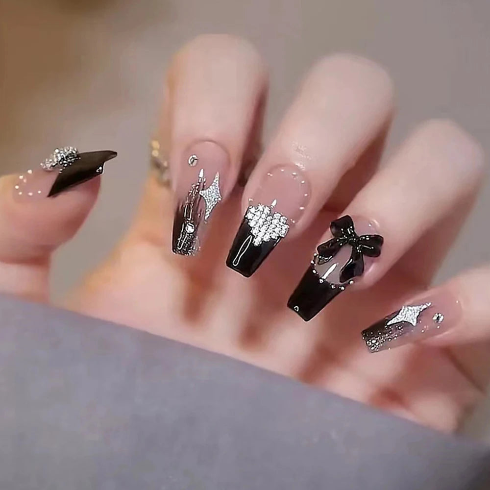 Y2K Star Press on Nails Gradient Black Fake Nails Medium Length Square False Nails Moon Designs for Women Girls Party Daily Use