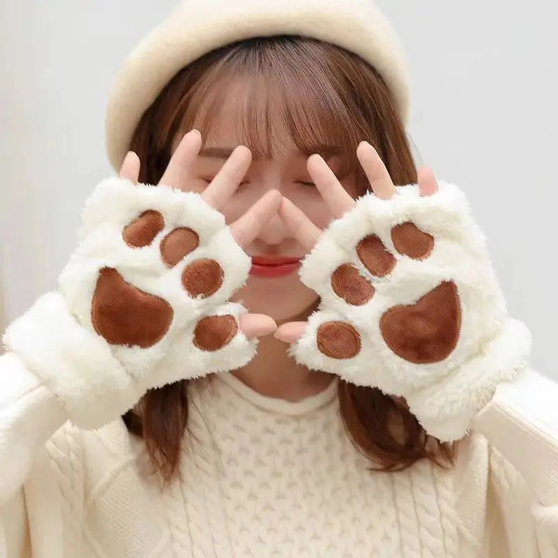 Cute Fashion Cat Paw Fingerless Gloves with Hanging Rope Soft Cold Proof Thickened Plush Gloves Suitable for Cycling and Writing