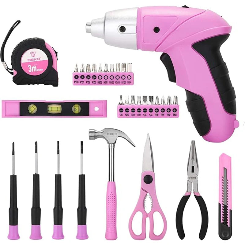 DEKO DKMT98-GP Pink 98 Piece Tool Set General Household Hand Tool & for Woodworking Kit with Plastic Toolbox Storage Case
