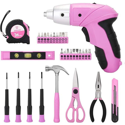 DEKO DKMT98-GP Pink 98 Piece Tool Set General Household Hand Tool & for Woodworking Kit with Plastic Toolbox Storage Case