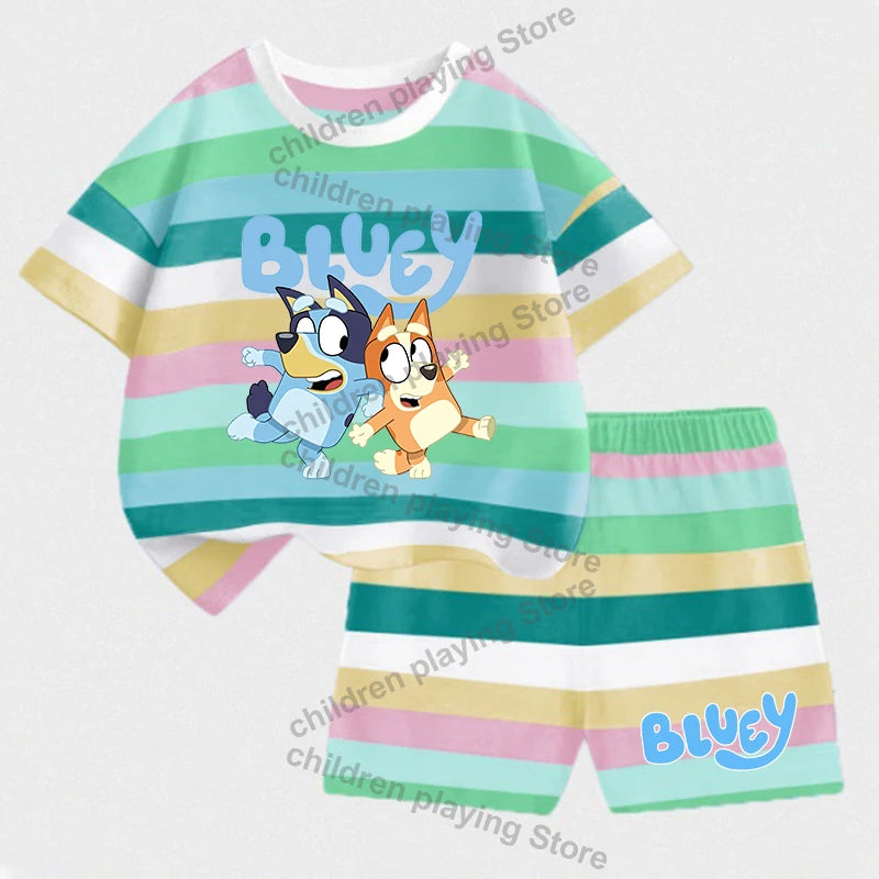 Blueyi Series Child Stripes Sets Summer Girls Boys T-Shirt Shorts Suits Cartoon Bingo Casual Sport Clothes Kids Sleepwear Gifts