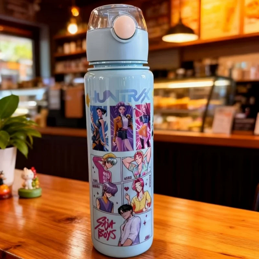 K Pop Demon Hunters Kawaii Cartoon Figure Water Bottle – Girls’ Summer Sports Large Capacity Plastic Bottle | Portable for Hikin