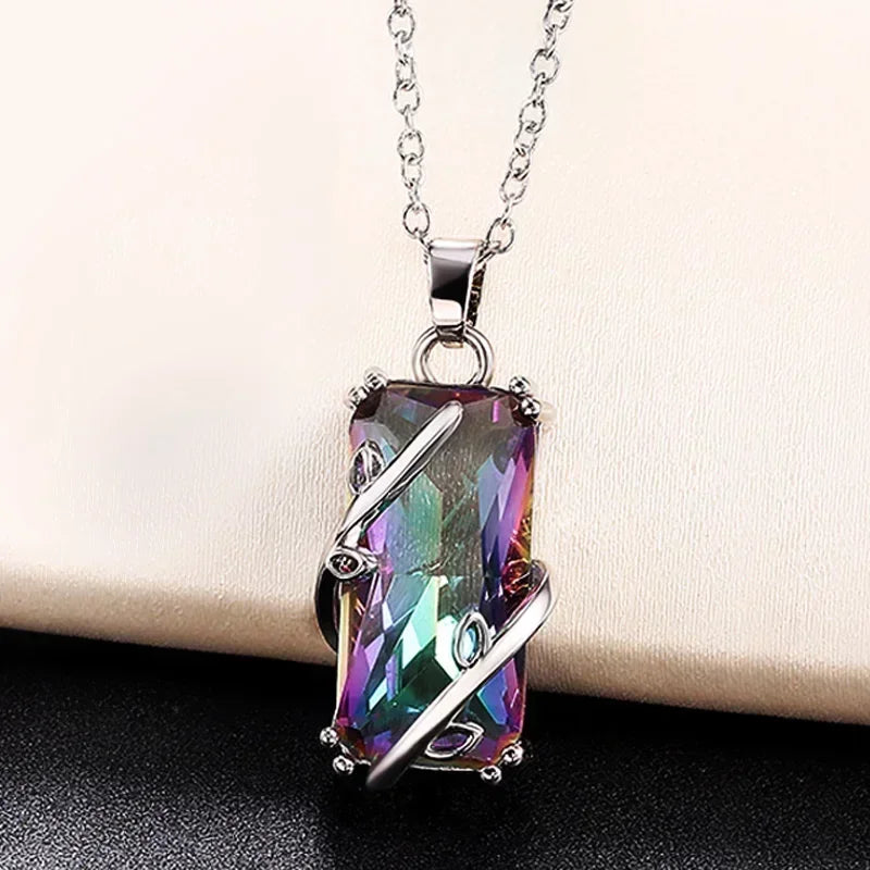 2026 Multicolored Rectangular Stone Ring/Necklace Set Novel Design Anniversary Party Women Jewelry Factory Direct Selling
