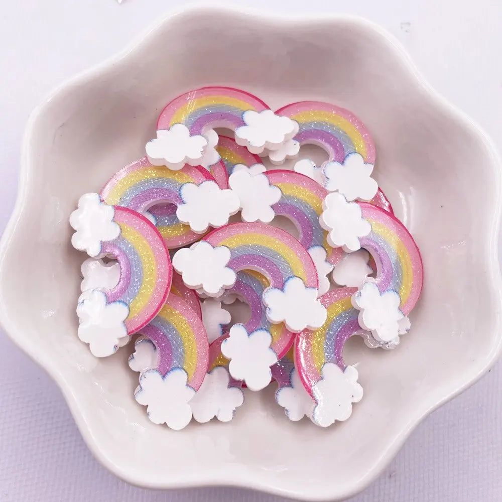 20PCS Colorful Lovely Glitter Mini Cloud Rainbow Flatback Acrylic Sheet Miniature Pattern Applique DIY Scrapbook Home Decor Art